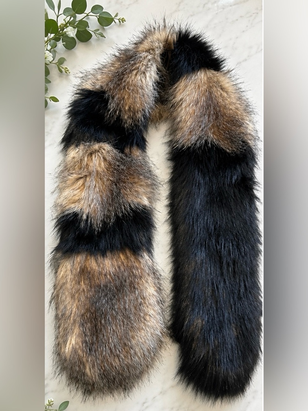Faux Fur Scarf Stole Black Brown Colorblock Keyhole Pull Through Luxury 50”